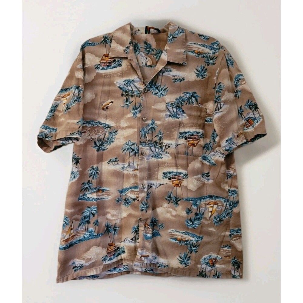 Hawaii Blues Shirt Mens Large Brown Hawaiian Fishing Palm Trees Summer Vintage